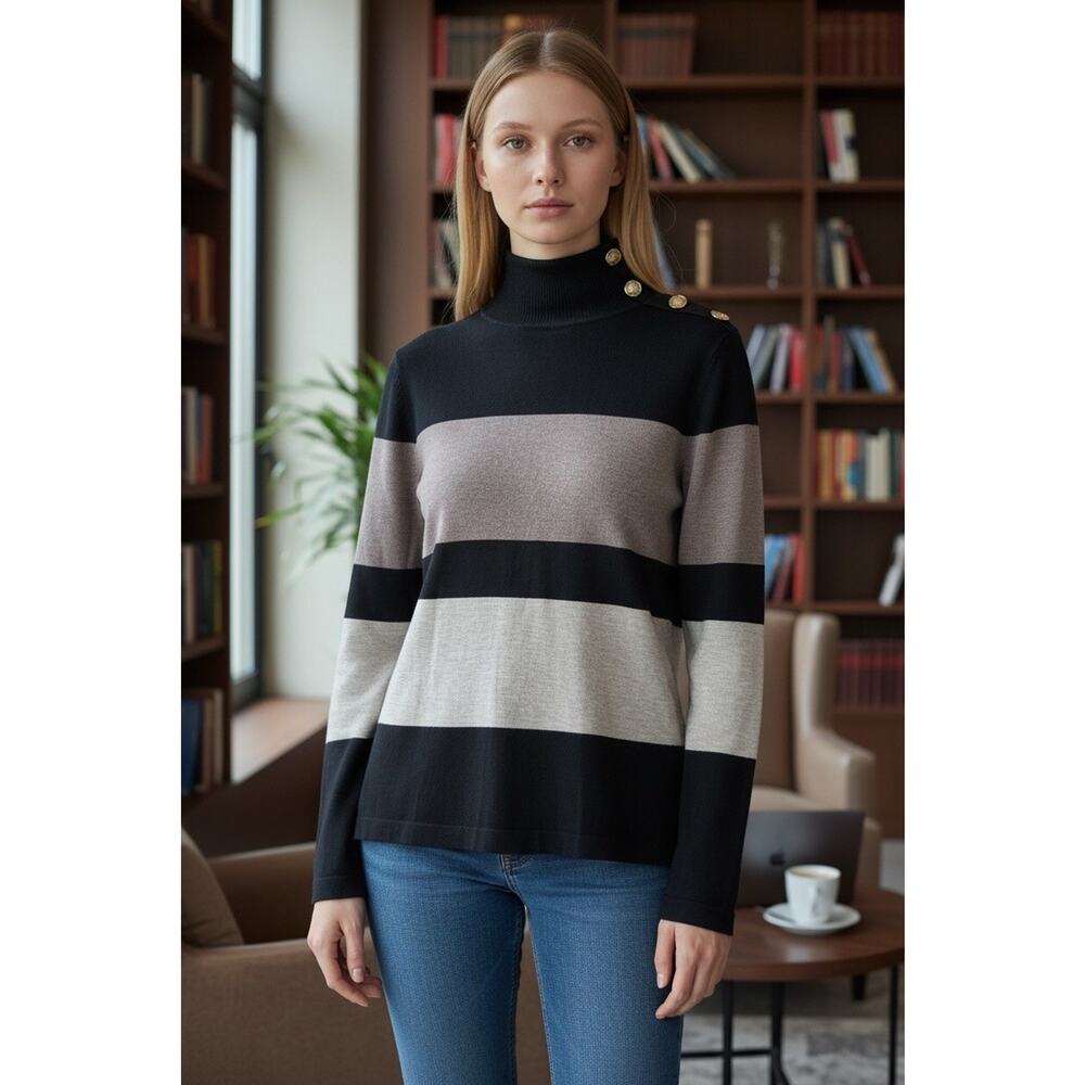 INC International Concepts Women Sweater Color Block Size L Turtleneck Buttons